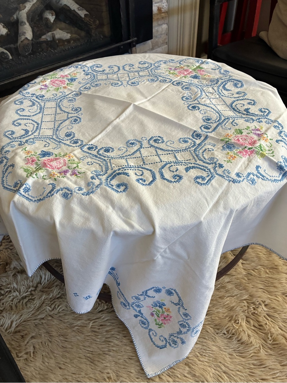 Classic White Cotton Tablecloth with Blue Scroll Embroidery and Pink Rose Detail